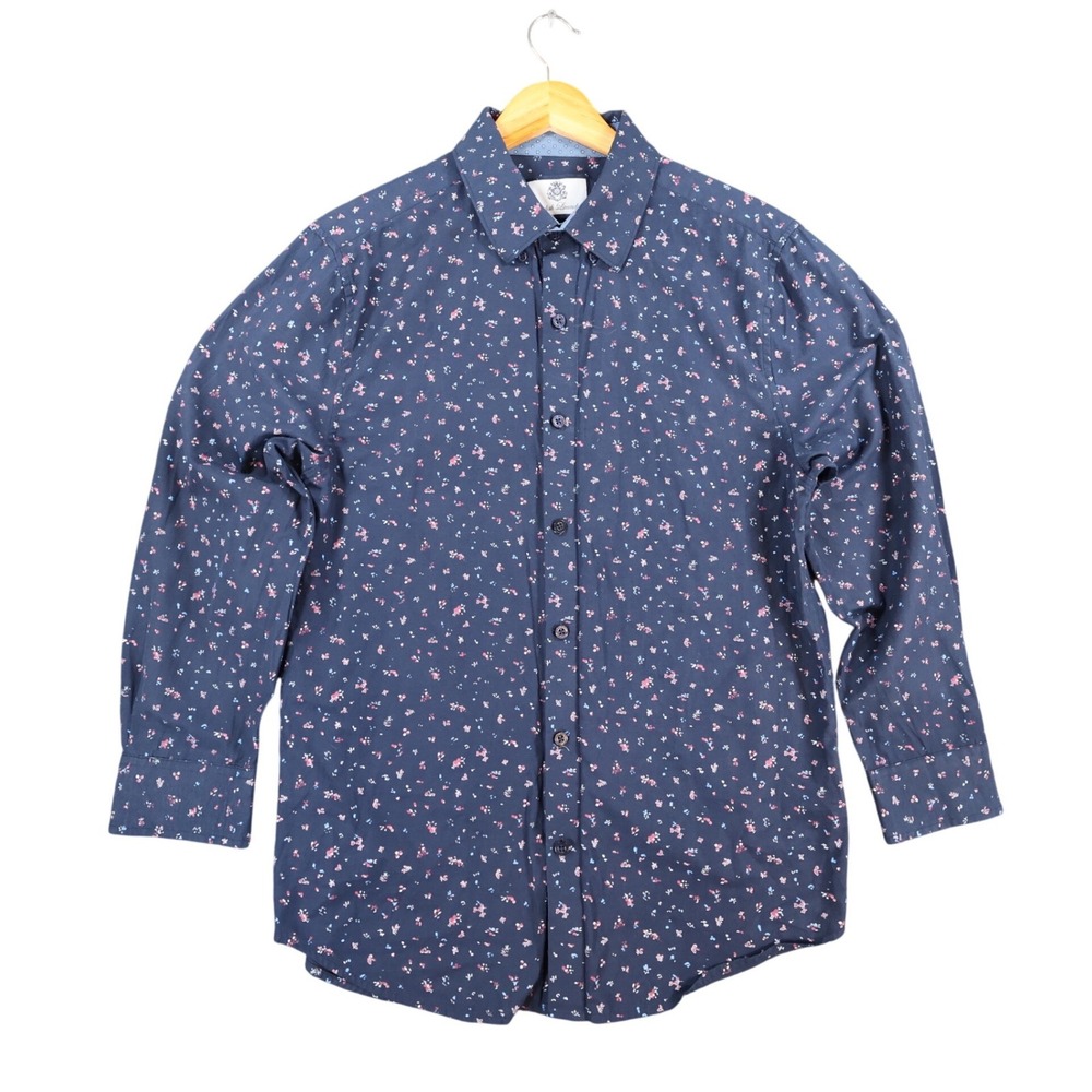 English Laundry Button Down Shirt Mens Medium Navy Blue Cotton Slim Fit Floral